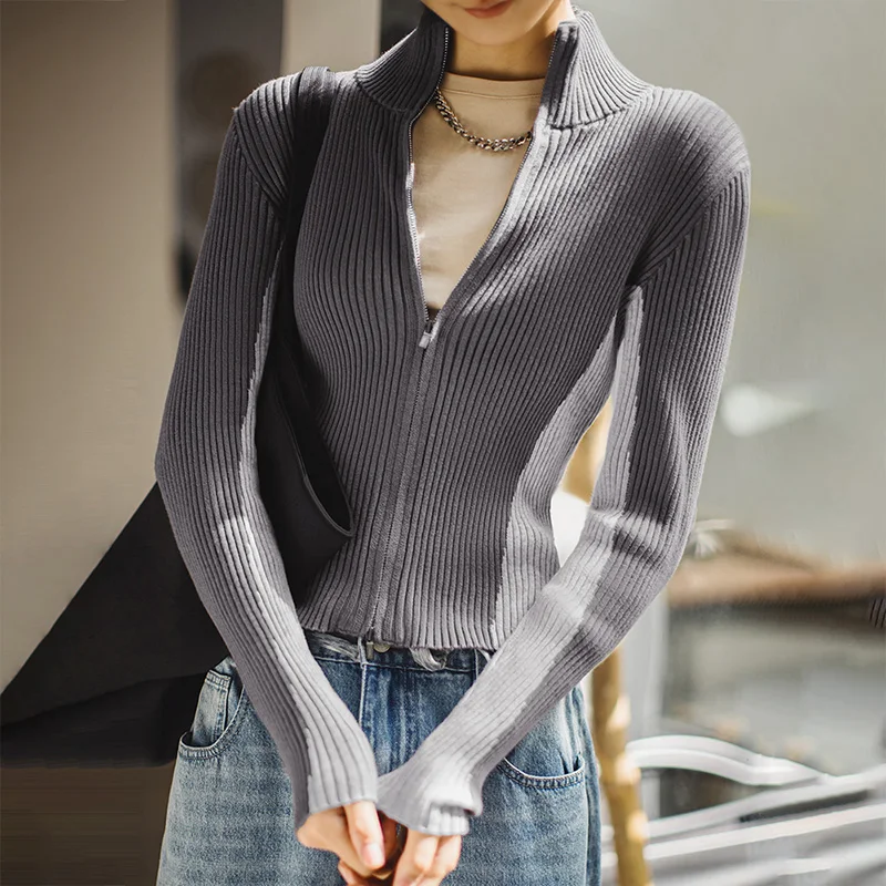 Maden Contrast-color Knitted Cardigan Sweater Gray Inner Layer Base Shirt for Women's Spring and Fall Versatile Stand-collar Top