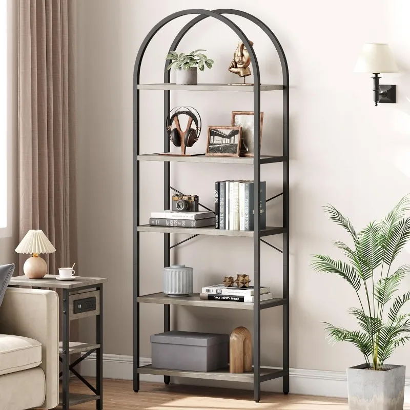 Bookshelf 5 Tier Bookcase Arched Display Racks Tall Standing Bookshelves Metal Frame Farmhouse Storage Rack Shelf