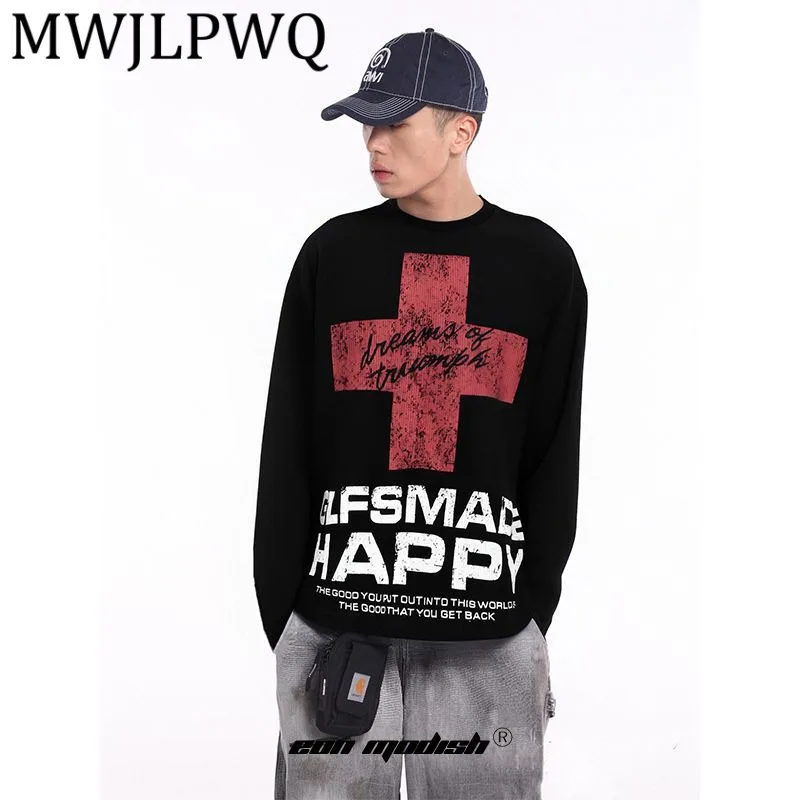 

MWJLPWQ модная осень 2021, новая американская футболка с длинными рукавами и уличным узором, мужская футболка с круглым воротником, индивидуальная мода 21531