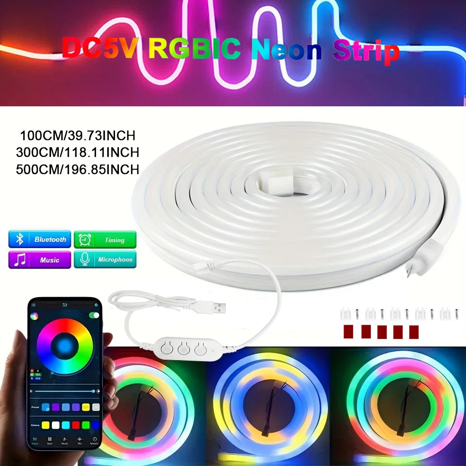 Bluetooth RGBIC Neon LED Strip Lights LED Waterproof Rope Light with Music Sync DIY Dreamcolor Chasing Strip Tape for Home Decor