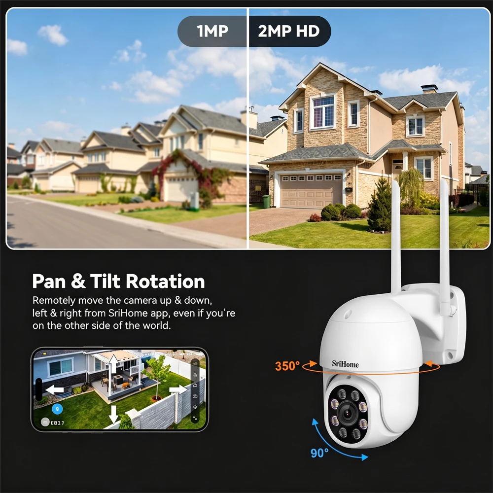 SriHome 2MP WIFI IP Camera IP66 Waterproof Outdoor AI Human Body Detection Starlight Color Night Vision CCTV Baby Monitor SP028