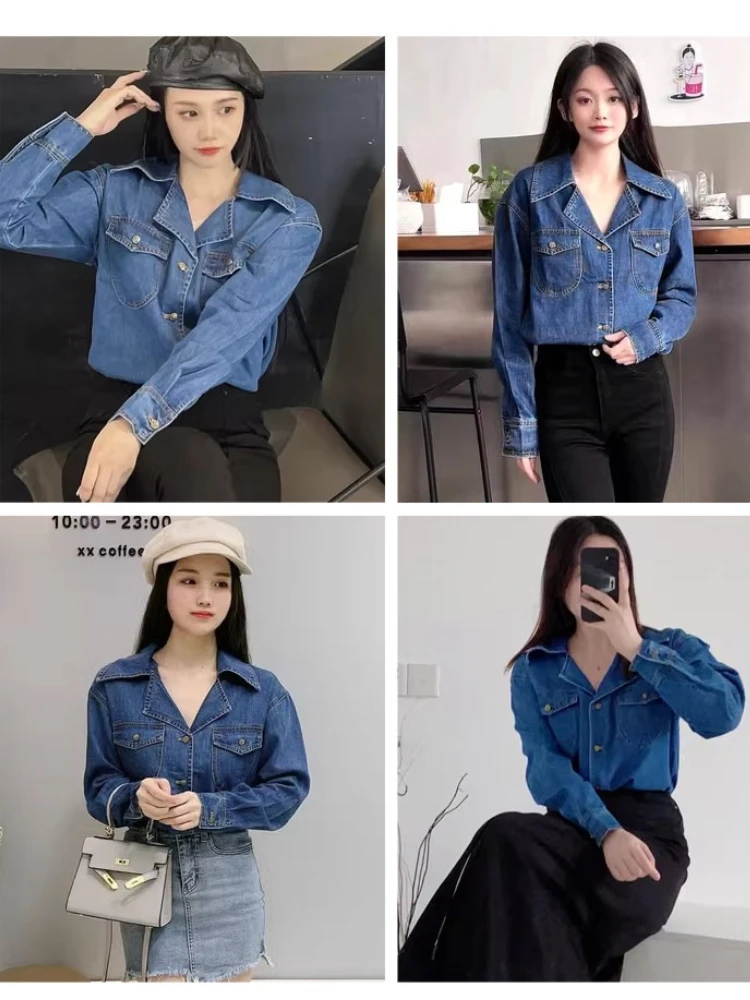 OLrain frauen Blau Denim Hemd Vintage Oversize Damen Tops Casual drehen-unten Kragen Tasche Gerade Weibliche Shirts O24CC83309