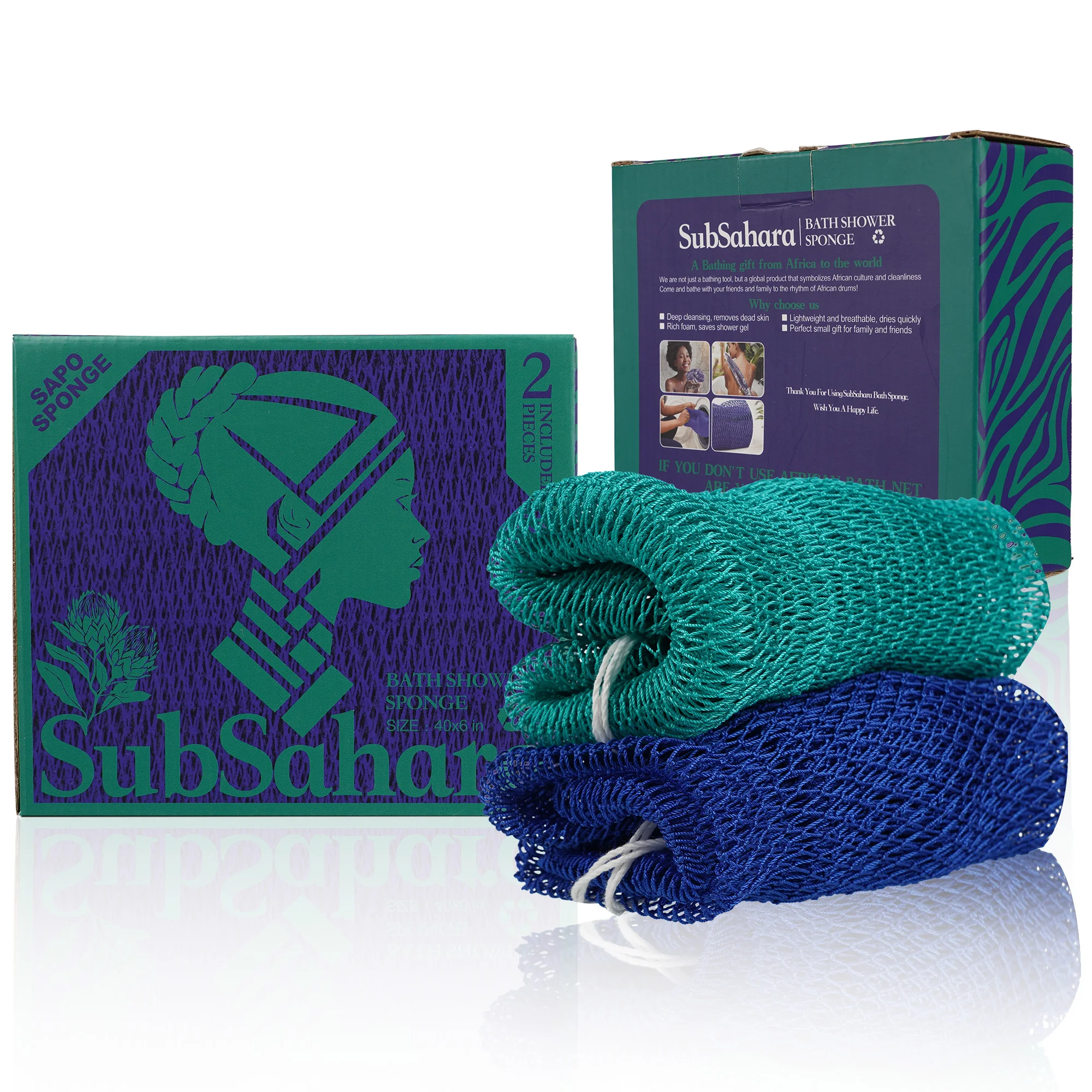 

SubSahara Authentic African Net Sponge - 2 Pieces Exfoliating Scrubber for All Skin Types, Bath Sponge for Face & Body,