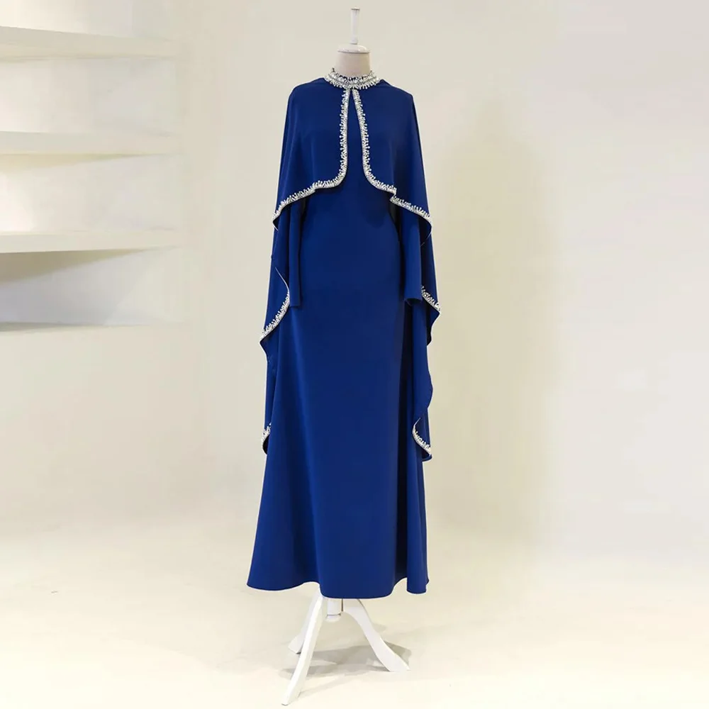 

Fashion Evening Dress with Cape Customized High Neck Crystal Stone A Line Saudi Arabian Party Gown Edi Prom Dresses