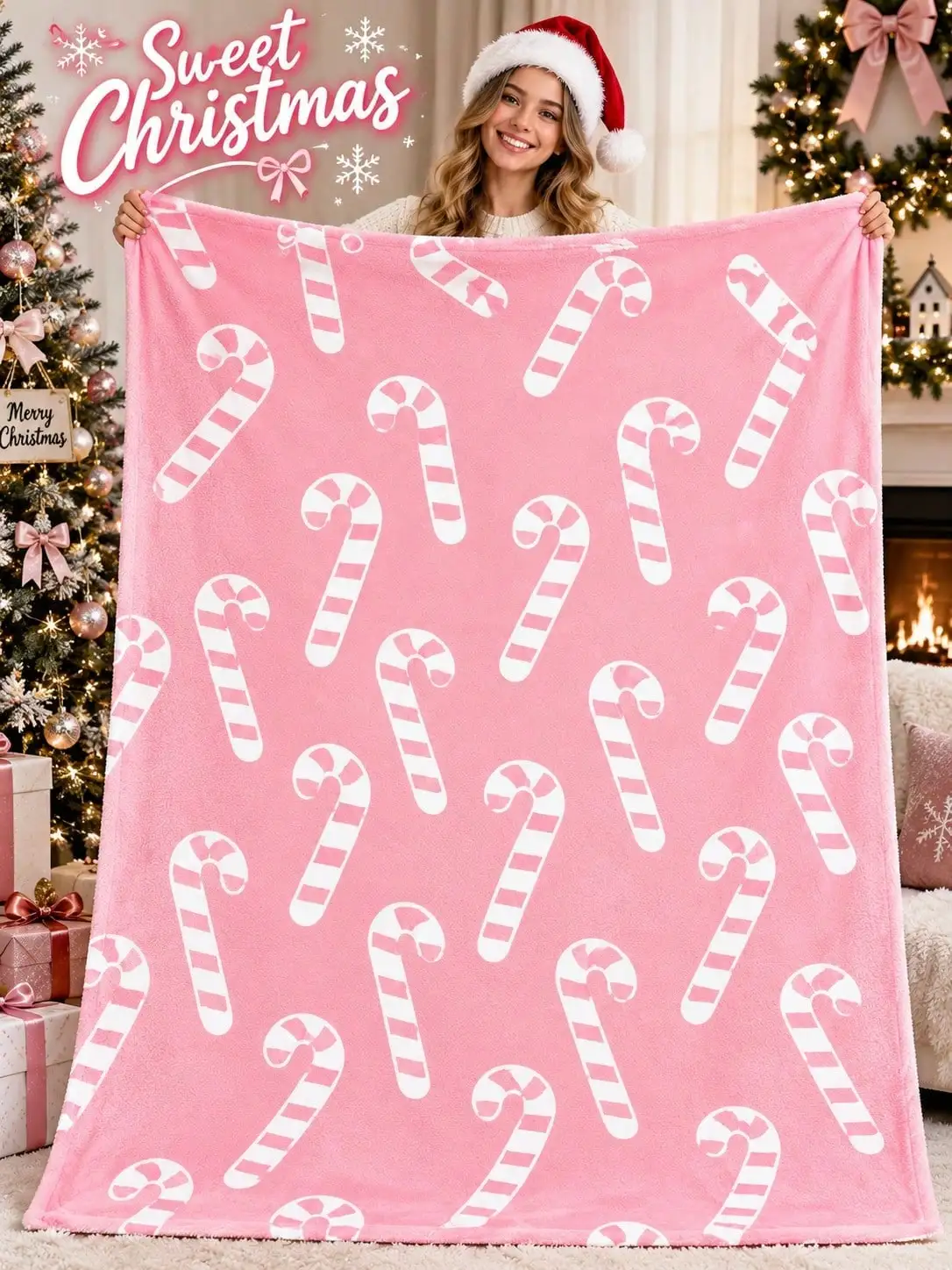 Christmas Pink Flannel Blankets & Throws Candy Cane Sweet Holiday Home Decor Sofa Couch Bed Living Room Bedroom Reading Nap Lounge Office Travel Indoor Gift for Family Friends Anniversary Housewarming Seasonal Party Guestroom Apartment Weekend Camping