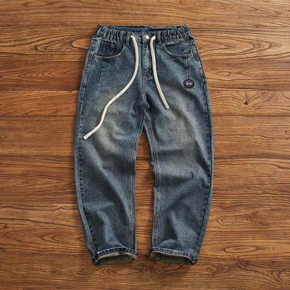 

Jeans straight leg loose men autumn and winter heavy water wash everything to do old blue men mop the floor wide leg pendant lon
