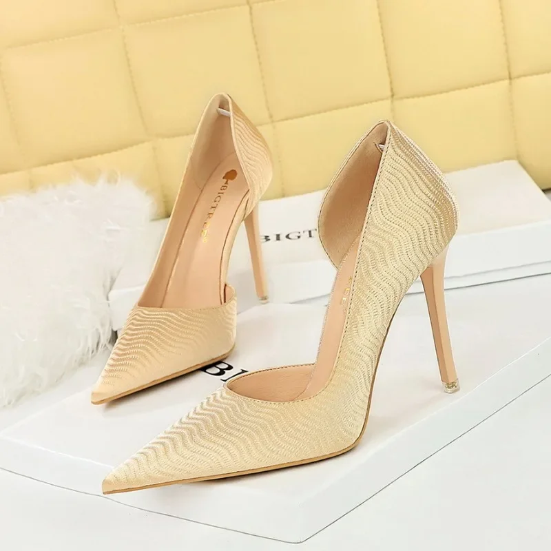 BIGTREE Shoes Wave Patterned Satin Women Pumps 2024 Spring New High Heels Stilettos Pointed Side Hollow Ladies Heels Stilettos