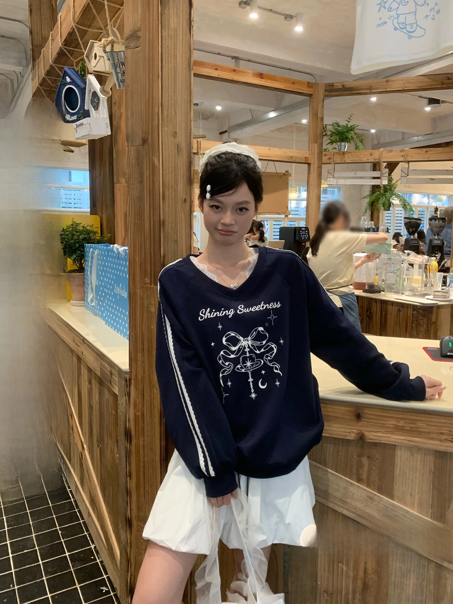 Loose Fit Printed Sweatshirt Women's Korean Style Ballet V-neck Design  Knot Top Blue Color Autumn Fashion Ladies' C...