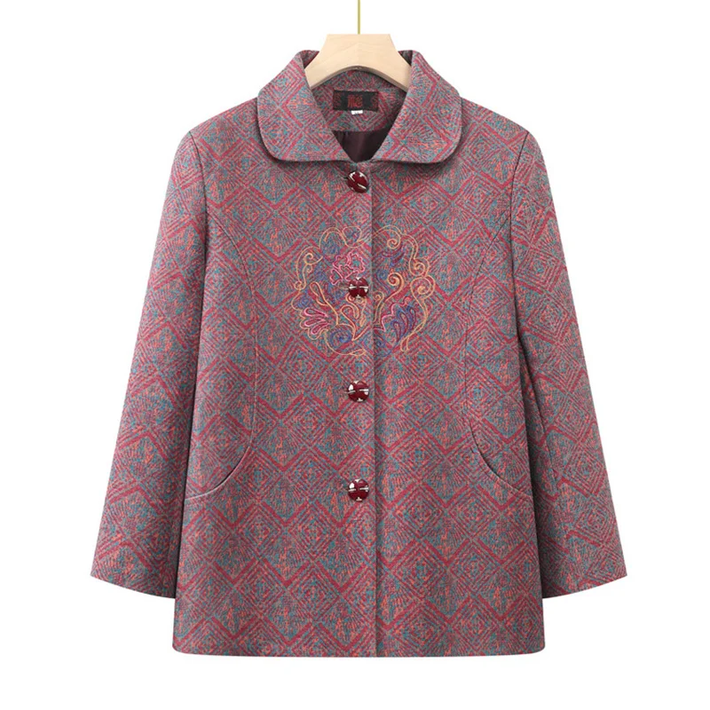 Winter Coat Female Lapel Long Sleeve Grandma Jacket Spring Autumn Woolen Coats Women Vintage Middle Aged Mother Wool Jakcets