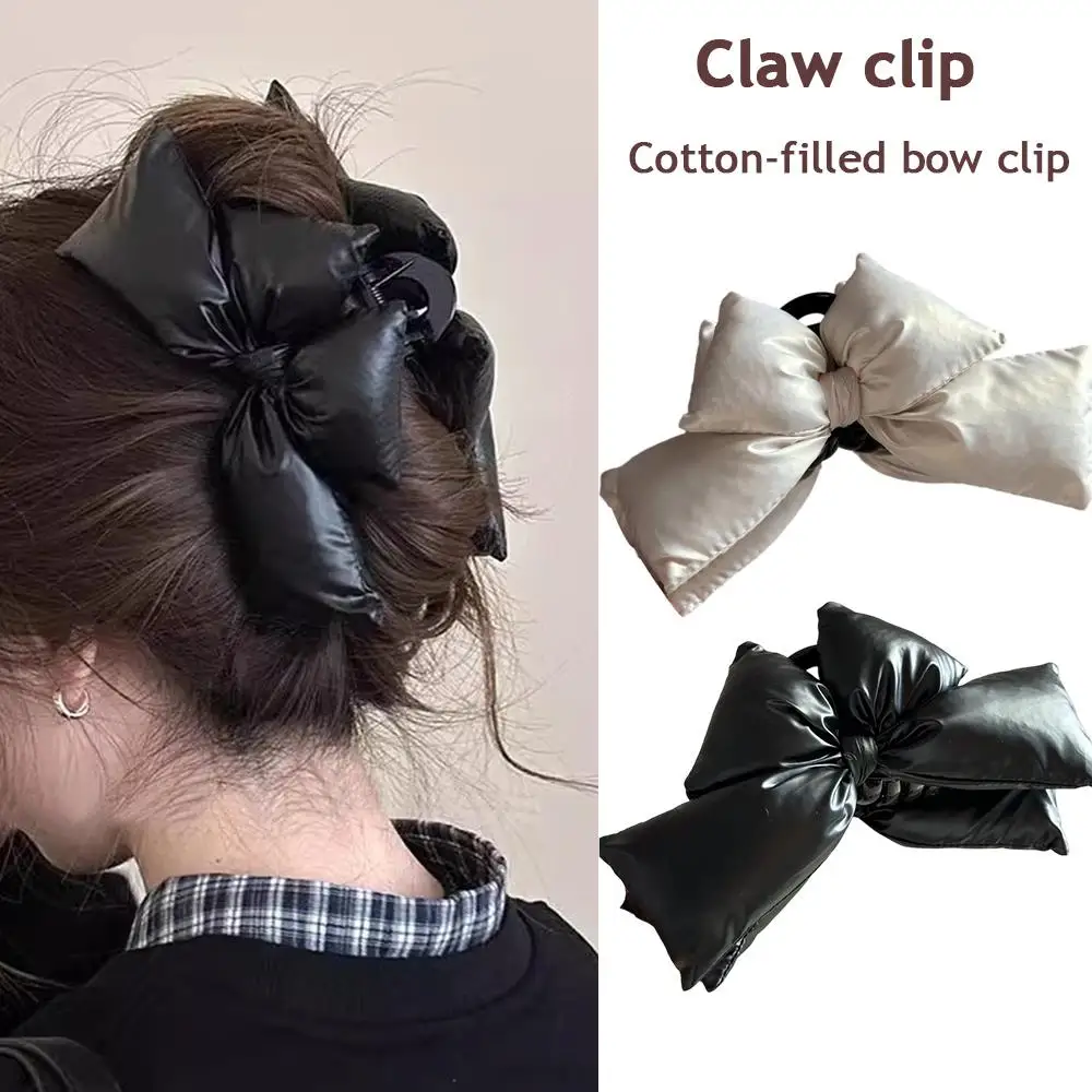 

Black Leather Cotton Stuffing Bow Claw Clip Large Jaw Clips For Thick Hair No-Slip Bowknot Shark Clip Winter Hair Accessoryies