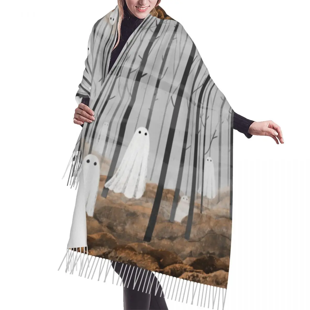 

Custom Stylish The Woods Are Full Of Ghosts Tassel Scarf Women Winter Fall Warm Shawl Wrap Ladies Halloween Horror Scarves