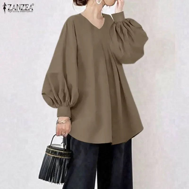 

2026 ZANZEA Весенняя модная блузка с V-образным вырезом и длинными рукавами-фонариками, женская повседневная свободная рубашка оверсайз, однотонная, для работы и отдыха