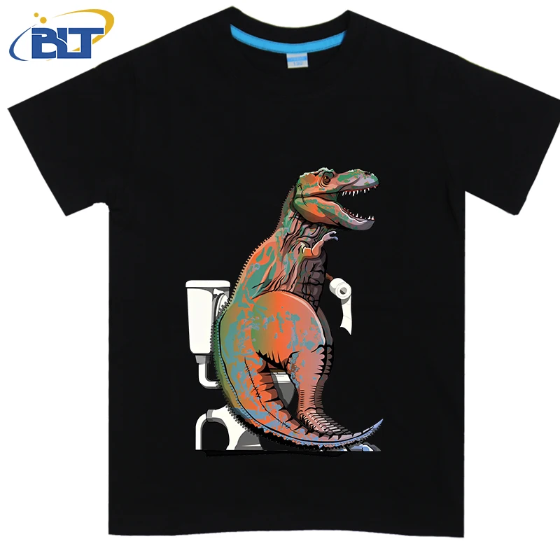 T-shirt imprimé dinosaure Trex sur les toilettes pour enfants, haut décontracté à manches courtes en coton, adapté aux garçons et aux filles, été