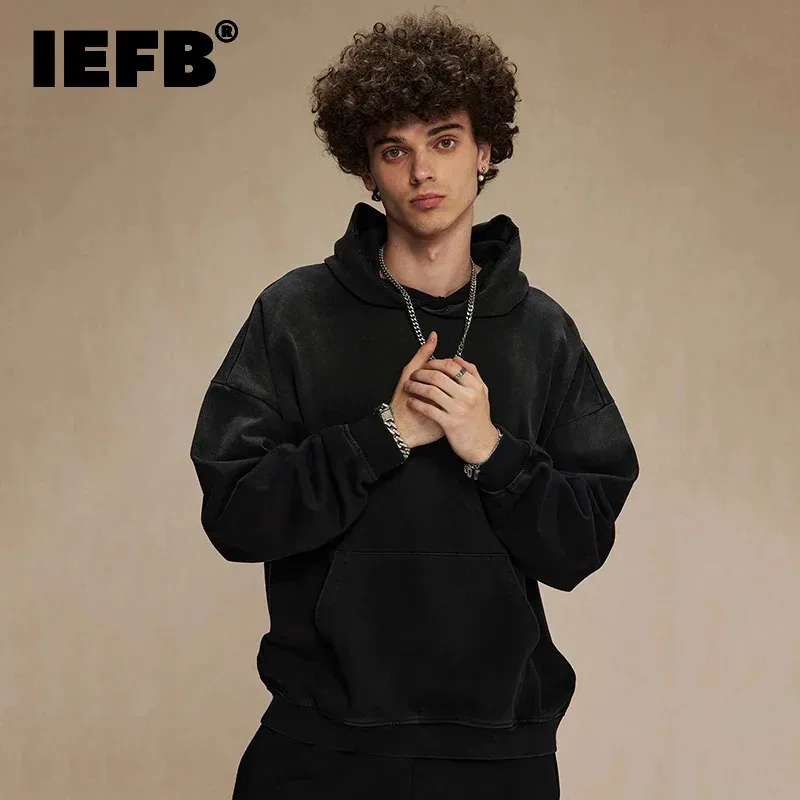 IEFB American Style Male Sweatshirt Pullover Hooded Gradient Color Men Clothing Hole Worn-ount Design Winter Spring New 9W126