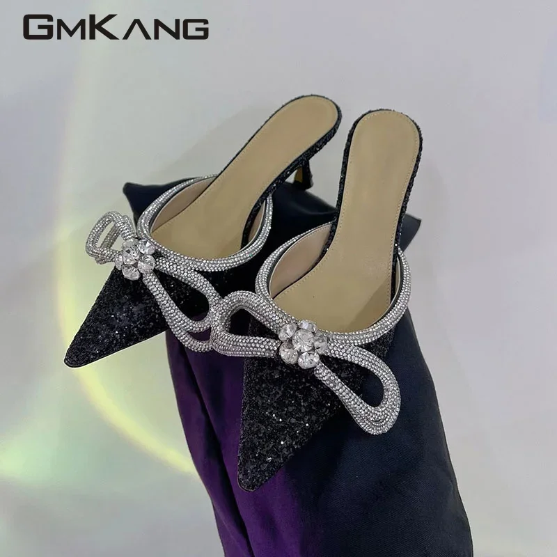 Sexy High Heels Slippers Woman Satin Crystal Butterfly knot Party Shoes Female Summer Sandals Thin Heels Women's Slippers