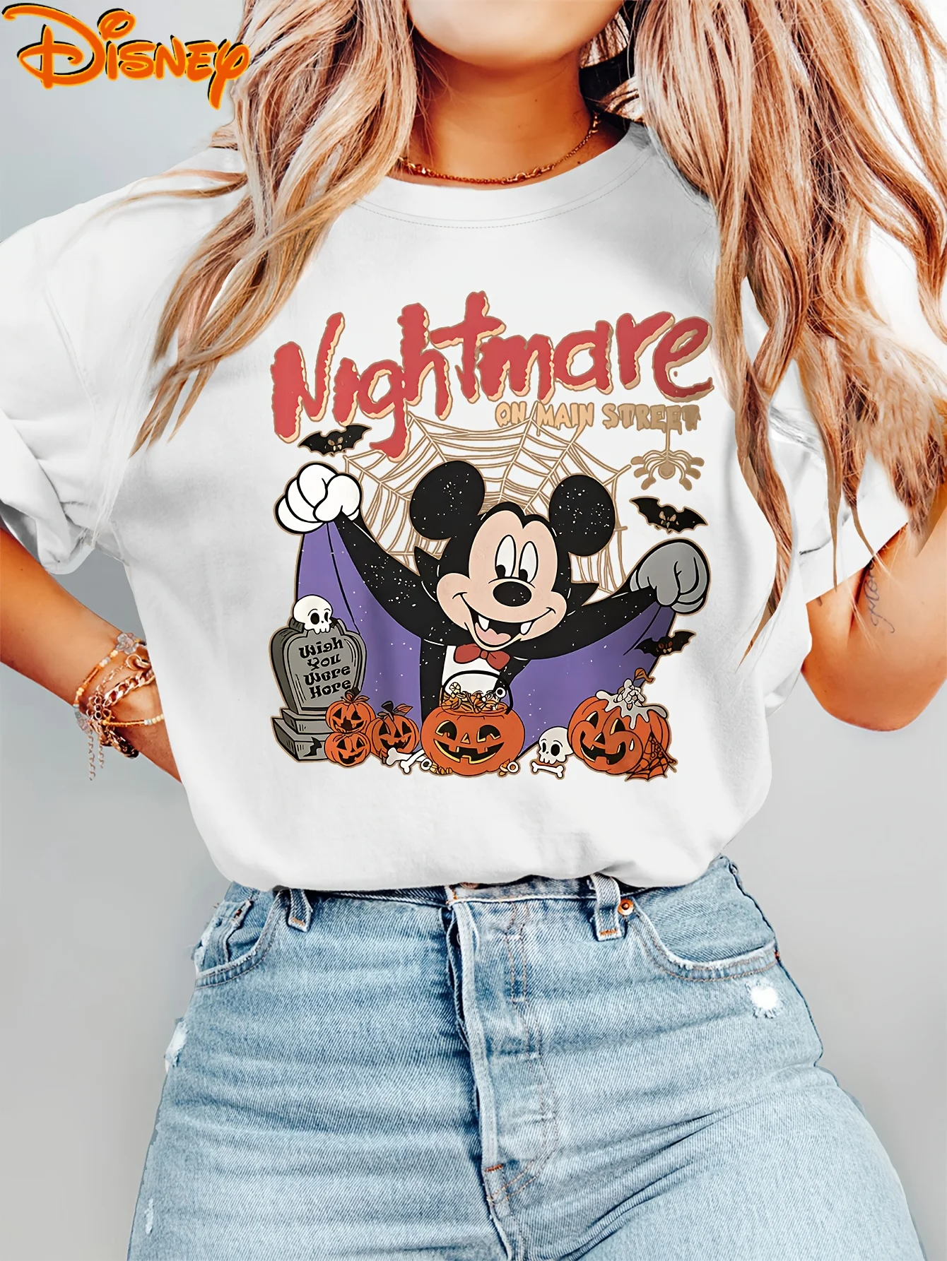 

2025 Disney Pattern Printed Women's Casual Comfortable Unique Smiling Face Black Round Neck Short Sleeve T-shirt