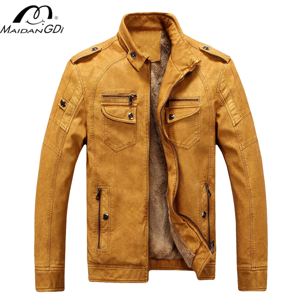 MaiDangDi-chaqueta de cuero lavado para hombre, abrigo grueso informal europeo y americano, Invierno