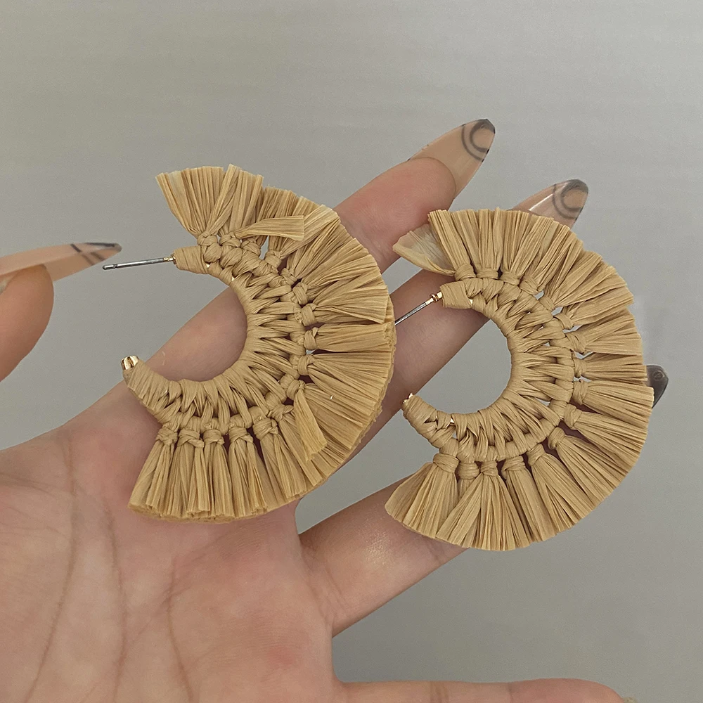 Lifefontier Retro Handmade Braided Raffia Beaded Geometric Drop Earrings For Women Summer Fan Shaped Wooden Earring Jewelry 2024