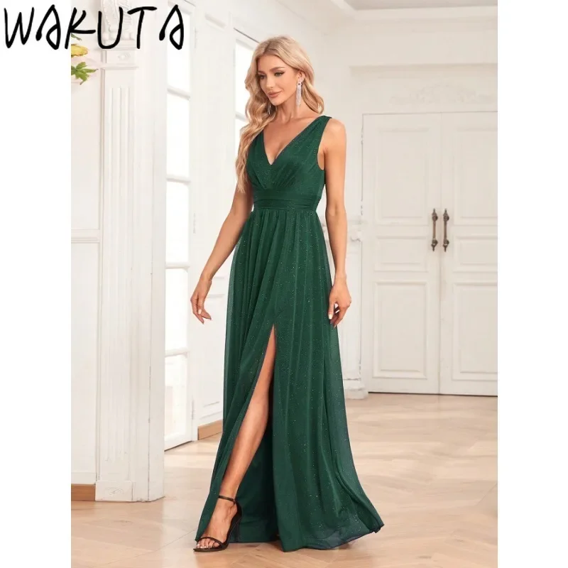 Wakuta-Robe de demoiselle d'honneur, col en V, fendue sur les cuisses, paillettes, longue tenue de soirée, pour Rhde promo