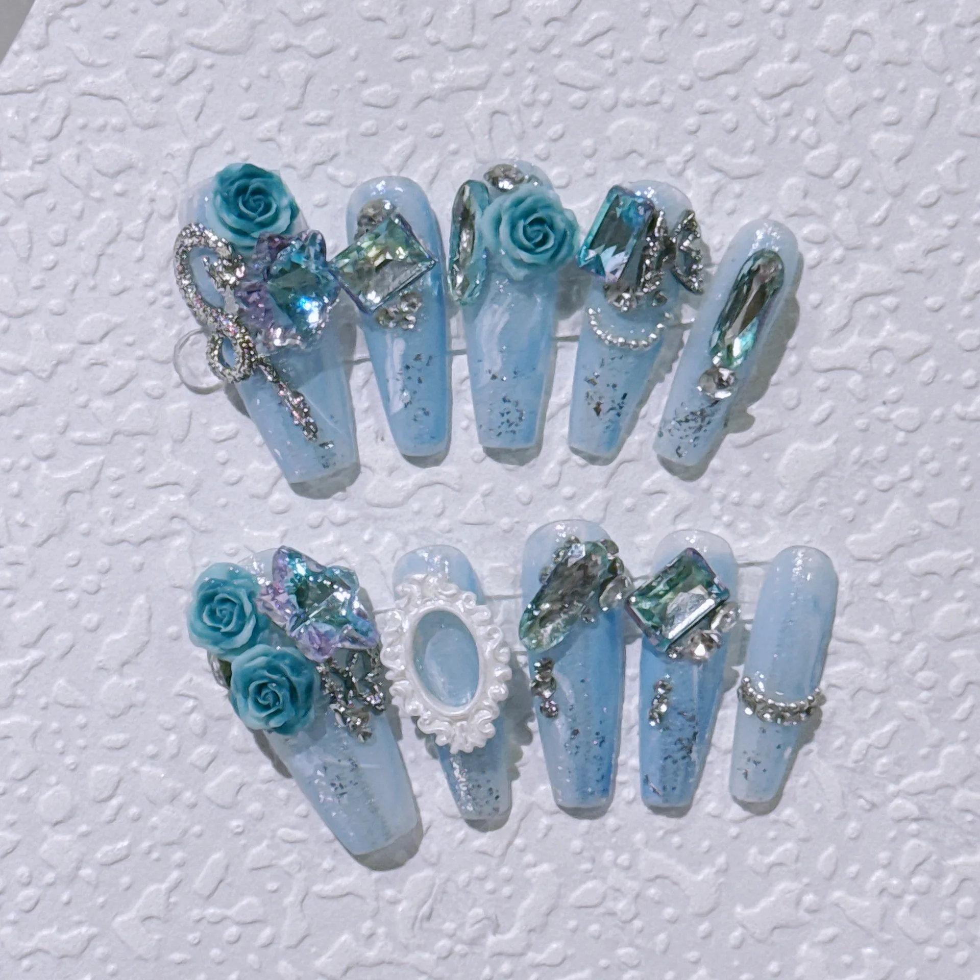 Uñas postizas largas hechas a mano, 10 piezas, 3D cubierta completa, flor, purpurina, diamante, Phoframe, prensa en puntas de uñas, manicura usable