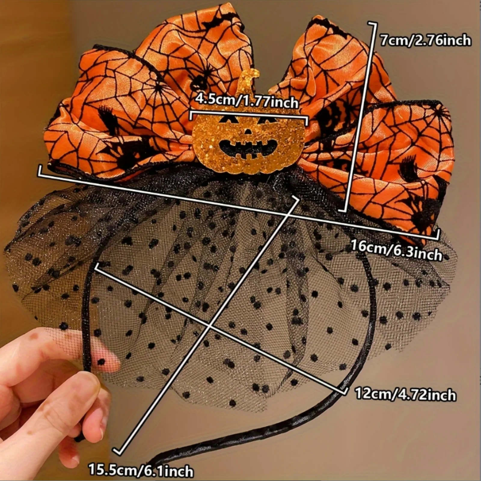 1PC Stirnband mit Halloween-Motiv, orangefarbene Kürbisschleife mit Spinnennetz und schwarzem Netz, festliche Haardekoration – Detail 4