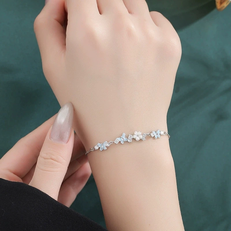 925 Silver Romantic Night Light Gradient Butterfly Bracelet Shining Zircon Flower Women's Birthday Party Gift
