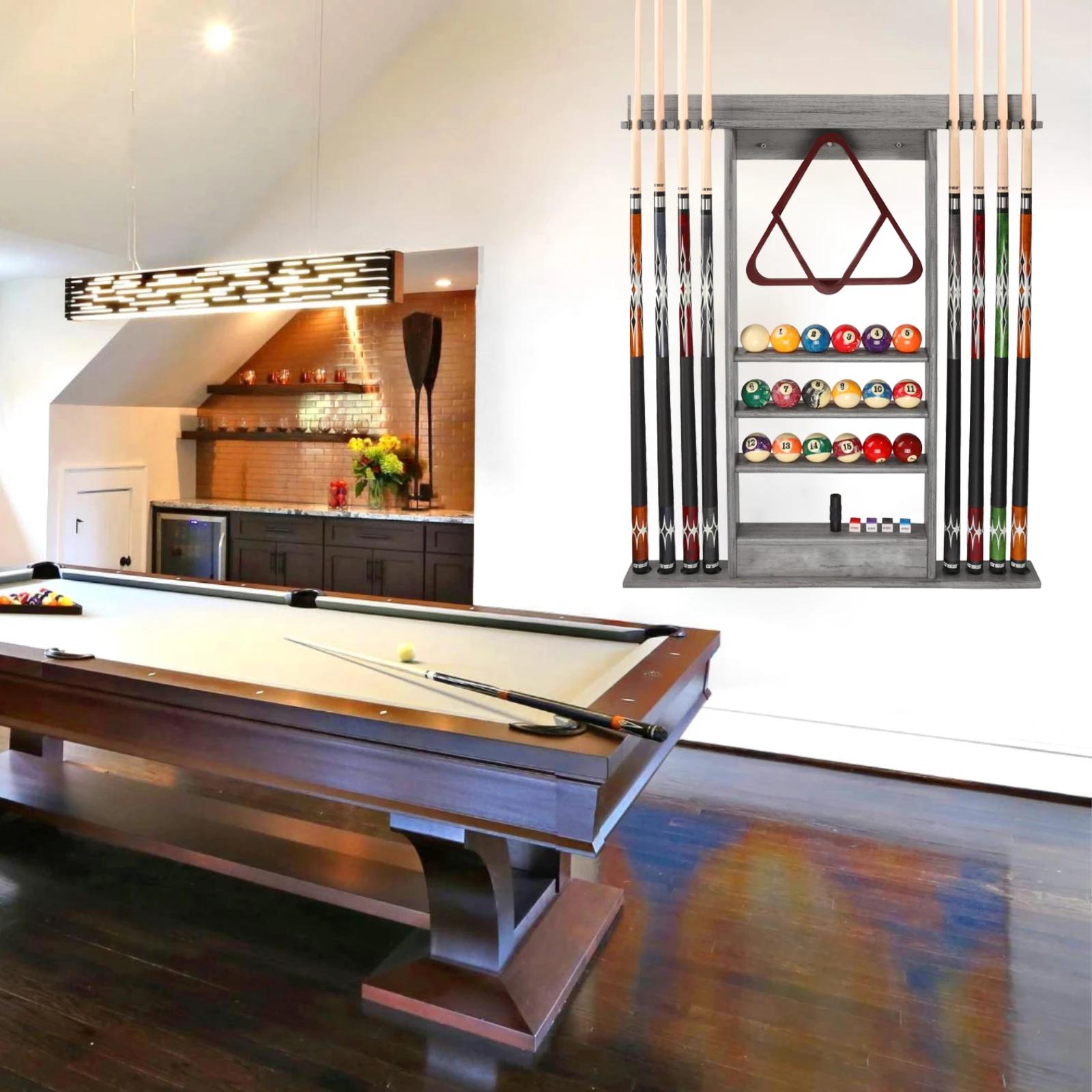 8-Cue Wall-Mounted Pool Cue Rack Stand, Solid Wood Billiard Stick Holder for Full Ball Set & Accessories, Home, Game Room, Bar