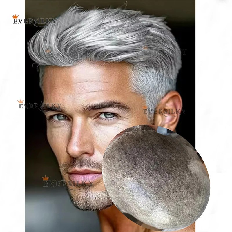 

1B65 1B80 Gray Hair Freestyle Durable Full Skin Thin PU Base Easy Install Men's Human Hair Silicon Toupee Cheapest Replacement