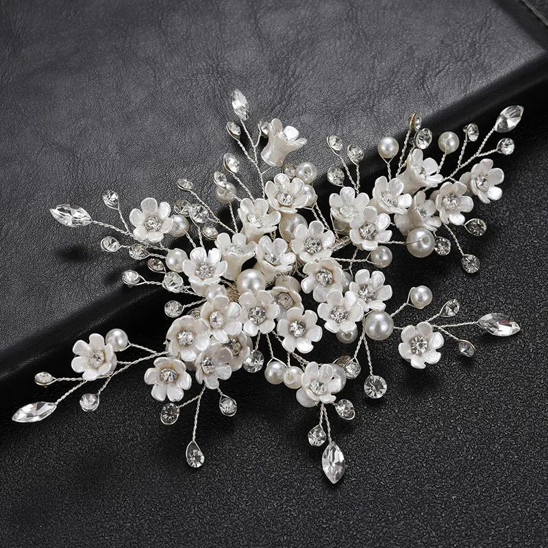 

Floralbride Handmade Crystal Rhinestones Pearls Ceramic Flower Bridal Hair Clip Wedding Headpiece Hair Accessories Women Jewelry