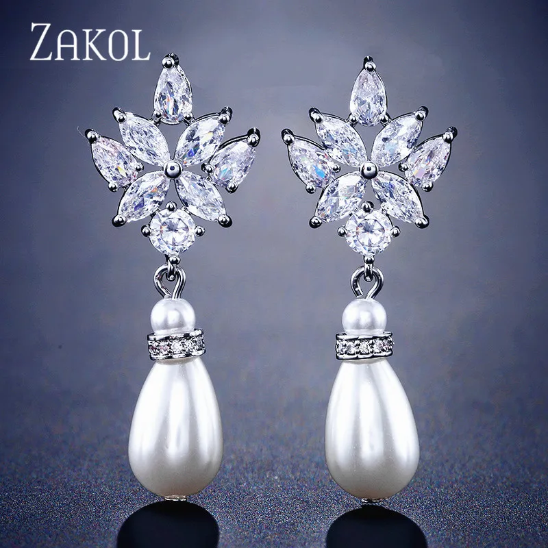 ZAKOL Trendy Marquise Cut Cubic Zirconia Dangle Earrings for Women Fashion Pearl Bridal Wedding Dress Jewelry FSEP2221