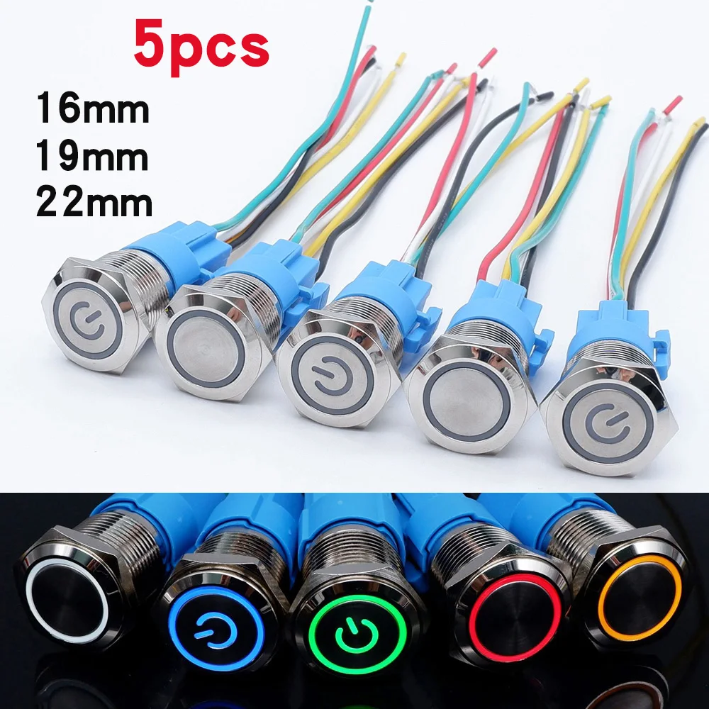 5pcs 16/19/22mm Metal Power Switch Flat Head  With Connector LED Light Momentary Self Reset/Lock Button Car Start Switch 12v 24v