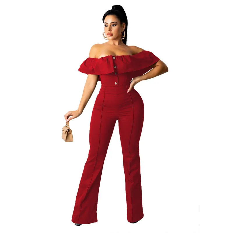 Fashion Ruffled One Shoulder Jumpsuit Women Solid High Waist Elastic Slim Fit Long Pants for Ladies Cocktail Birthday Party