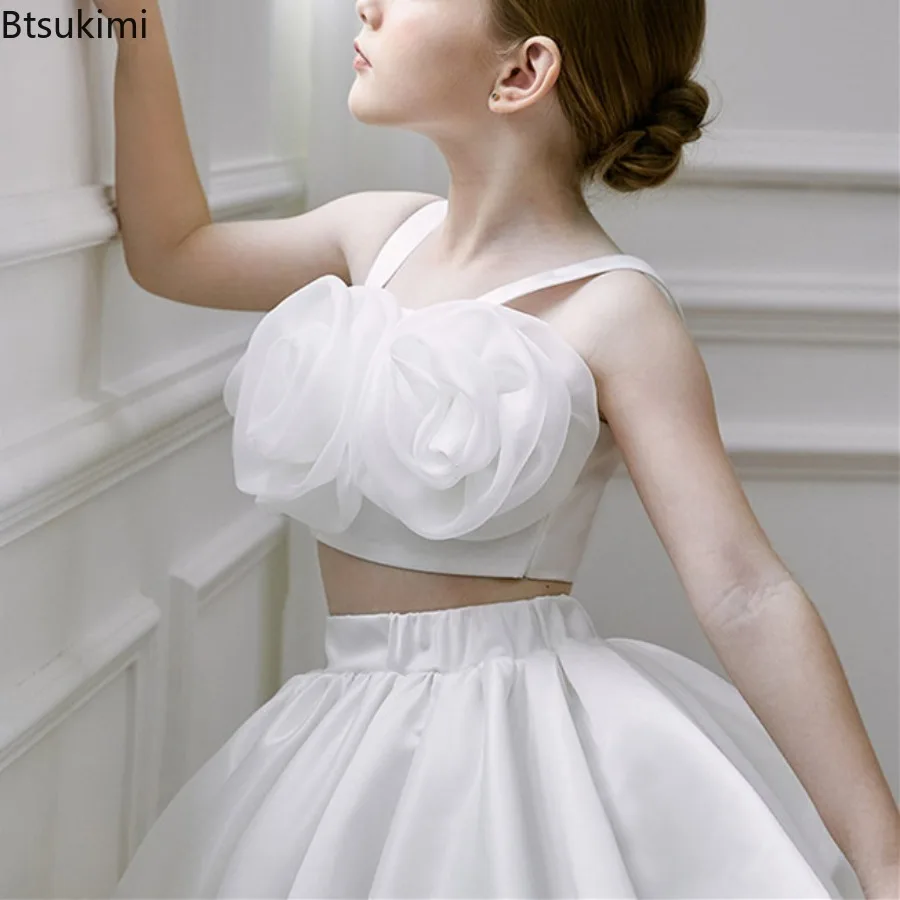 Girls Party Dresses White Wedding Bridesmaid Girl Flower Tank Top +Skirt 2Pcs Set Girls Puffy Elegant Birthday Party Ball Gown