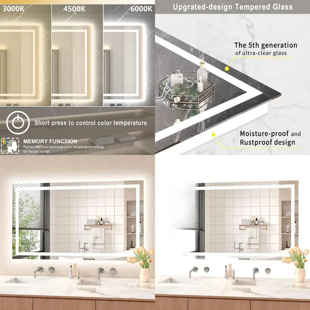 

Зеркало для ванной с подсветкой 48x28 дюймов, из закаленного стекла, с 3-цветной регулируемой подсветкой, функцией антизапотевания и памятью настроек