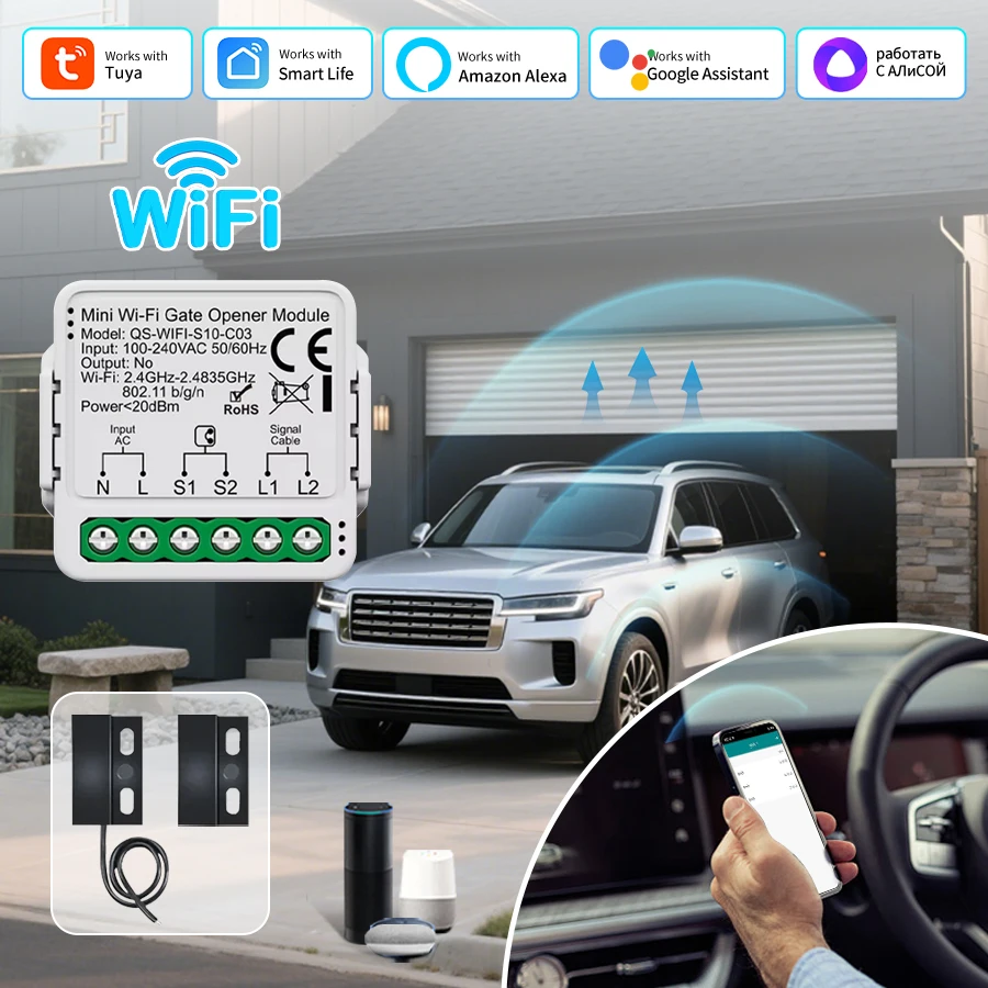 Módulo de interruptor de puerta de garaje Wifi, controlador de abridor de puerta inteligente Tuya, aplicación Smart Life, Control por voz, Alexa, Google Home, Yandex, 100-240V