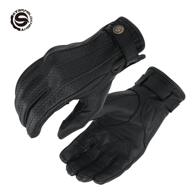 SFK Retro Motorcycle Gloves Genuine Goat Skin Leather Wear-resistant Breathable Guantes Touch Screen Motorbike Cycling Race