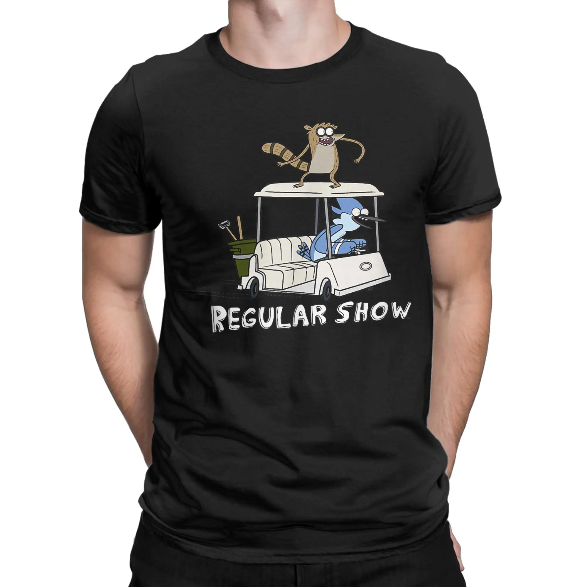 Men T-Shirts Regular Show Mordecai and Rigby Golf Cart Awesome Pure Cotton Tee Shirt Short Sleeve  T Shirt Crewneck Clothing 6XL