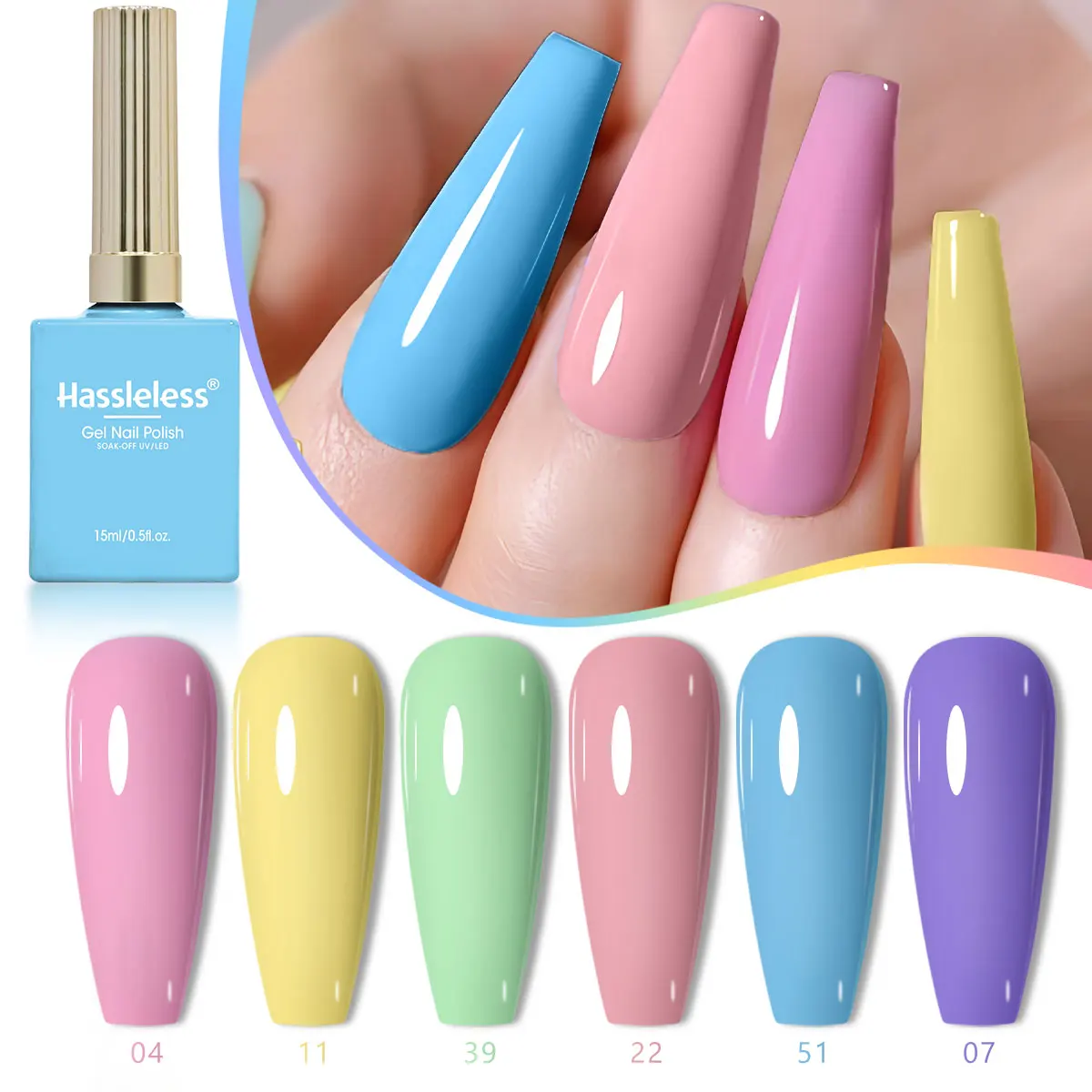 

Hassleless 6Pcs Salon Gel Nail Polish Set, Pastel Macaron Candy Colors Collection. These low-saturation shades deliver a fresh,