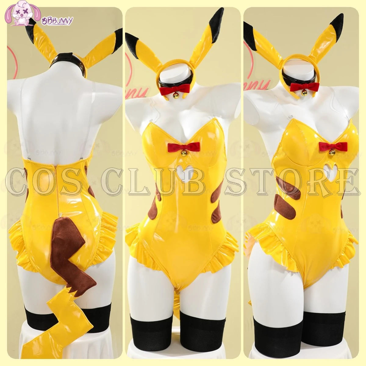 Anime Pi Ka Chu Yellow PU Cosplay Costume Women\'s Dress Bunny Lingerie Cos Bright Leather Tight Yellow Cute Nightclub Halloween