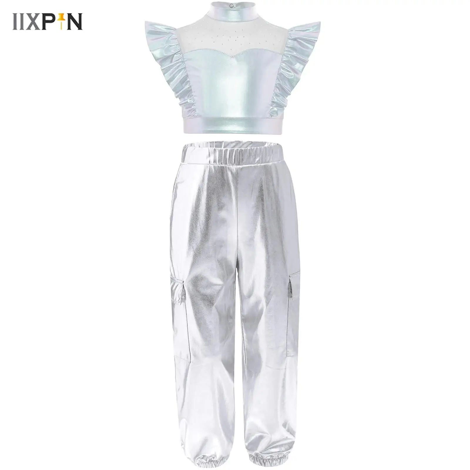 

Kids Girls Hip-Hop Jazz Dance Costum Retro Disco Dancewear Fashion Metallic Shiny Rhinestone Mesh Sleeveless Crop Top with Pants