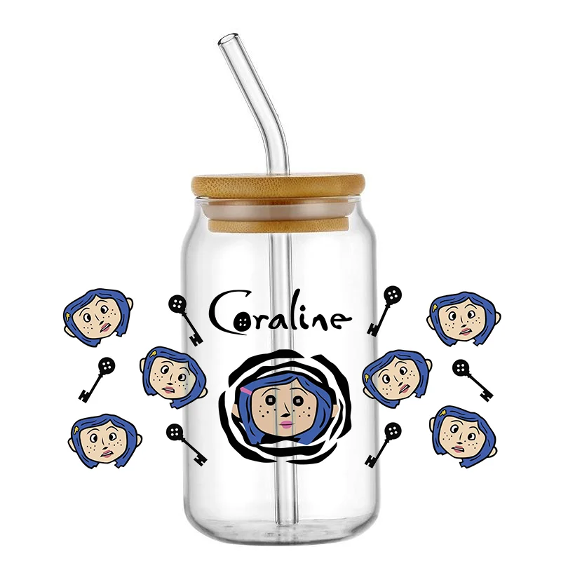 Coraline UV DTF tasse ronde transfert pour verre, 16oz dessin animé fille transferts autocollants tasse décalcomanies