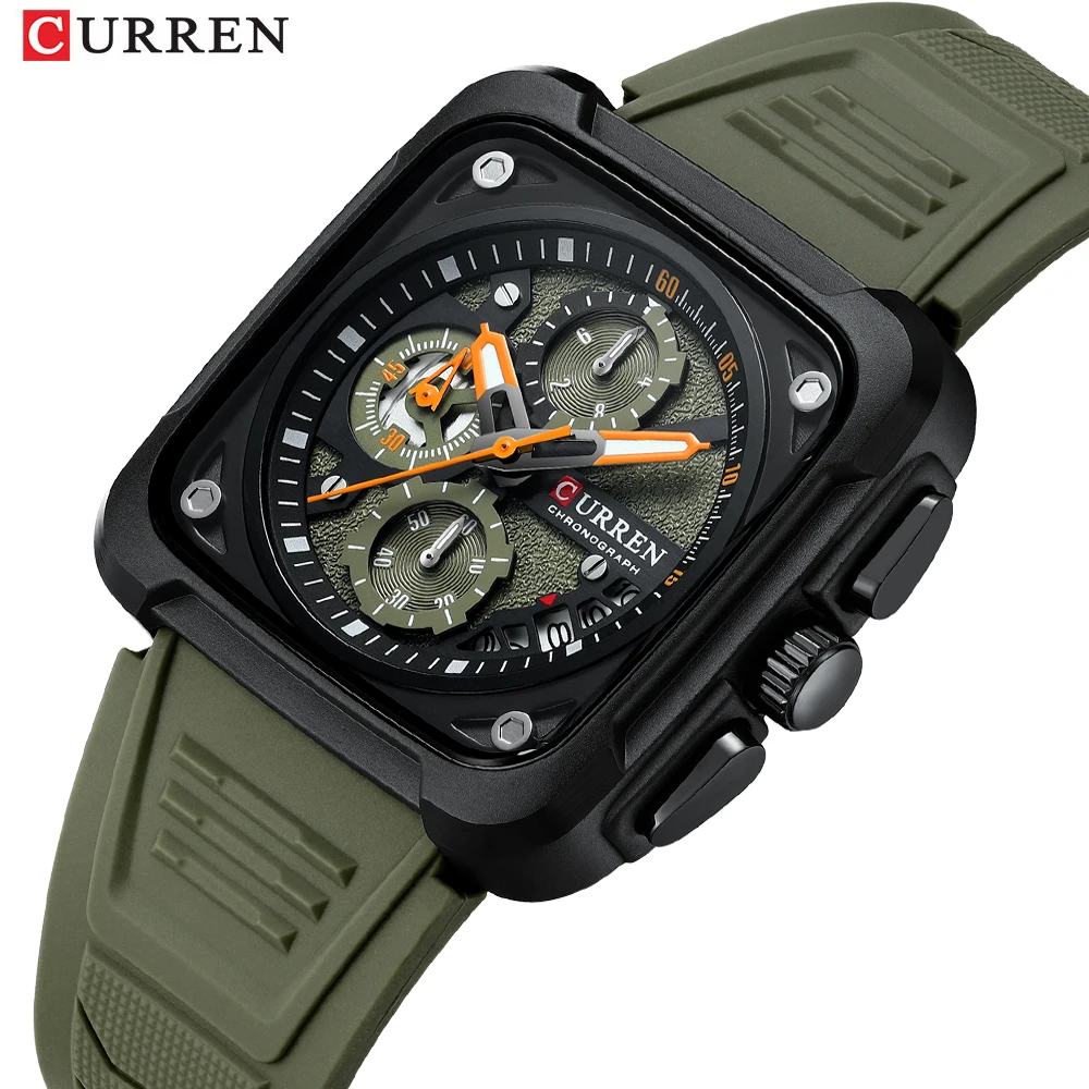 CURREN Men's Watches Brand Sporty Unique Square Dial with Chronograph Male Quartz Wristwatch with Silicone Strap Waterproof