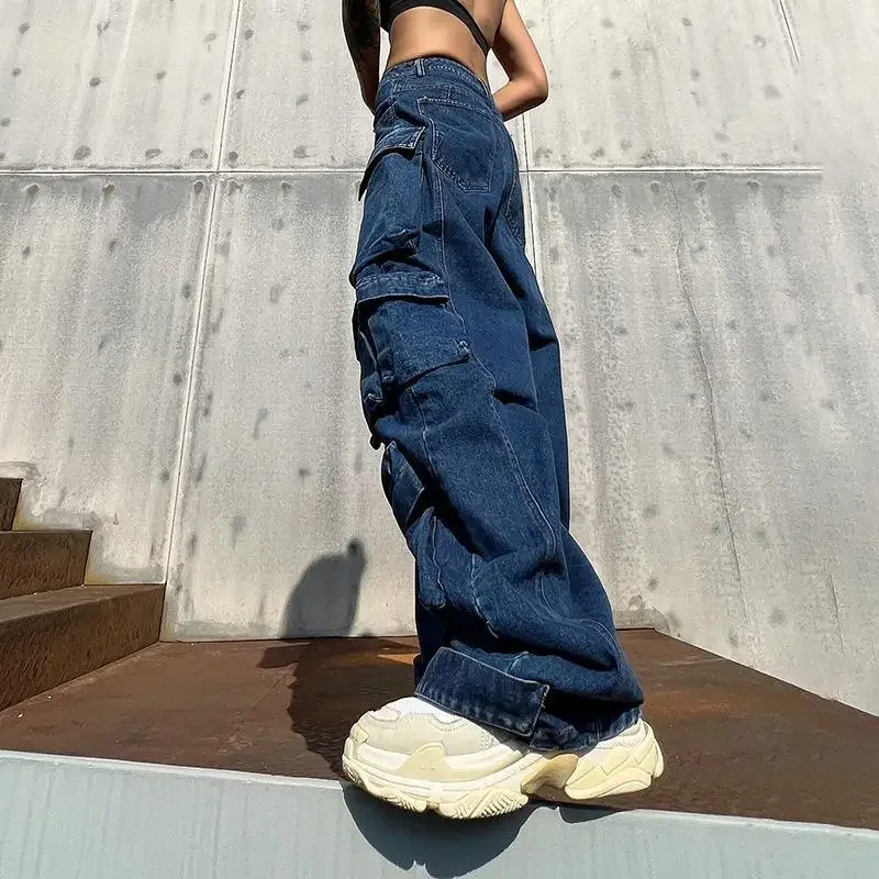 2024. Damskie dżinsy z wysokim stanem Cargo Spodnie Street Vintage Distressed Wash Baggy Casual Wide Leg Odzież damska