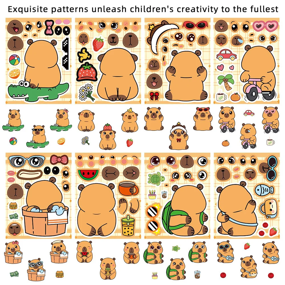 8/16Sheets Cartoon Kapibala Make A Face Puzzle Stickers PVC Material Children’s Daily Toys Waterproof Gift Decoration Stickers.