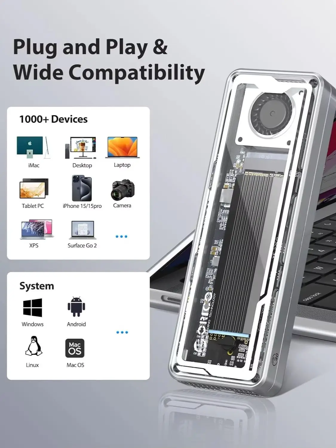 ORICO 40Gbps M.2 NVMe SSD Gehäuse, USB4 NVMe Gehäuse mit effizientem Kühlventilator, Unterstützung 2230 2242 2260 2280(M Key), Kompatibel mit Thunderbolt 4/3 USB4/3.2/3.1/3.0/2.0