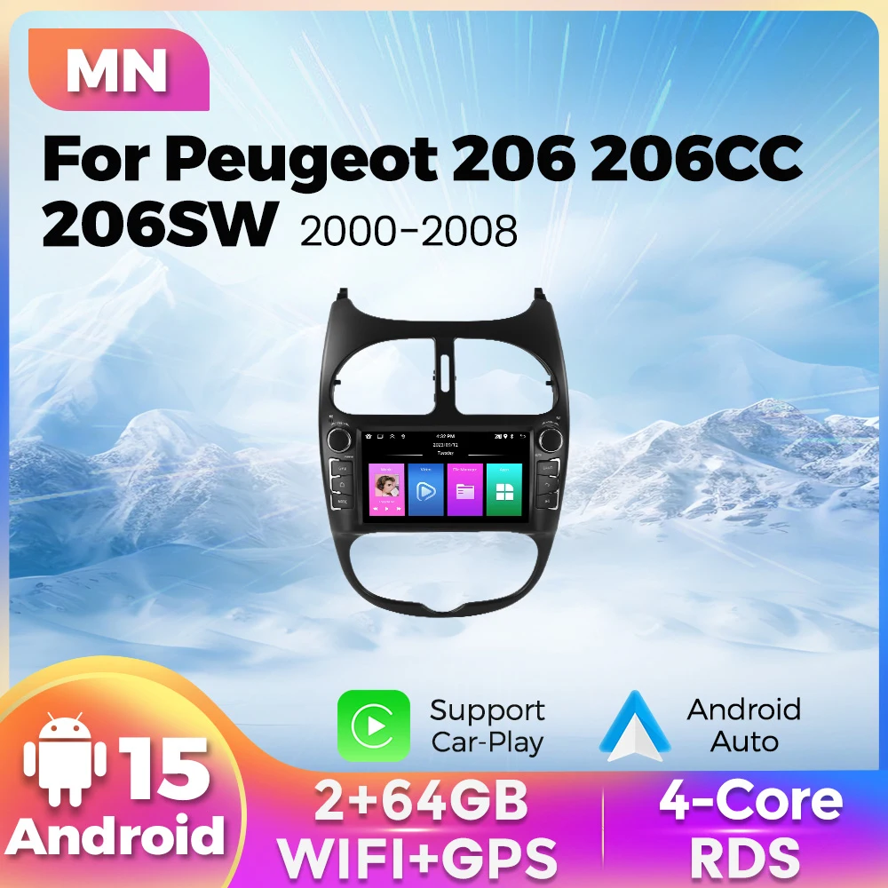 7 Inch 2 Din Android 15 Car Radio Stereo For Peugeot 206 206CC 206SW 2000-2008 Car Play Android Auto Multimedia Stereo Player BT