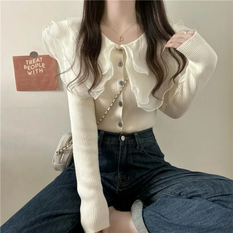 OCEANLOVE Women Cardigans Peter Pan Collar Ruffles Solid Sweet Sweaters Autumn Winter Korean Fashion Elegant Sueter Mujer