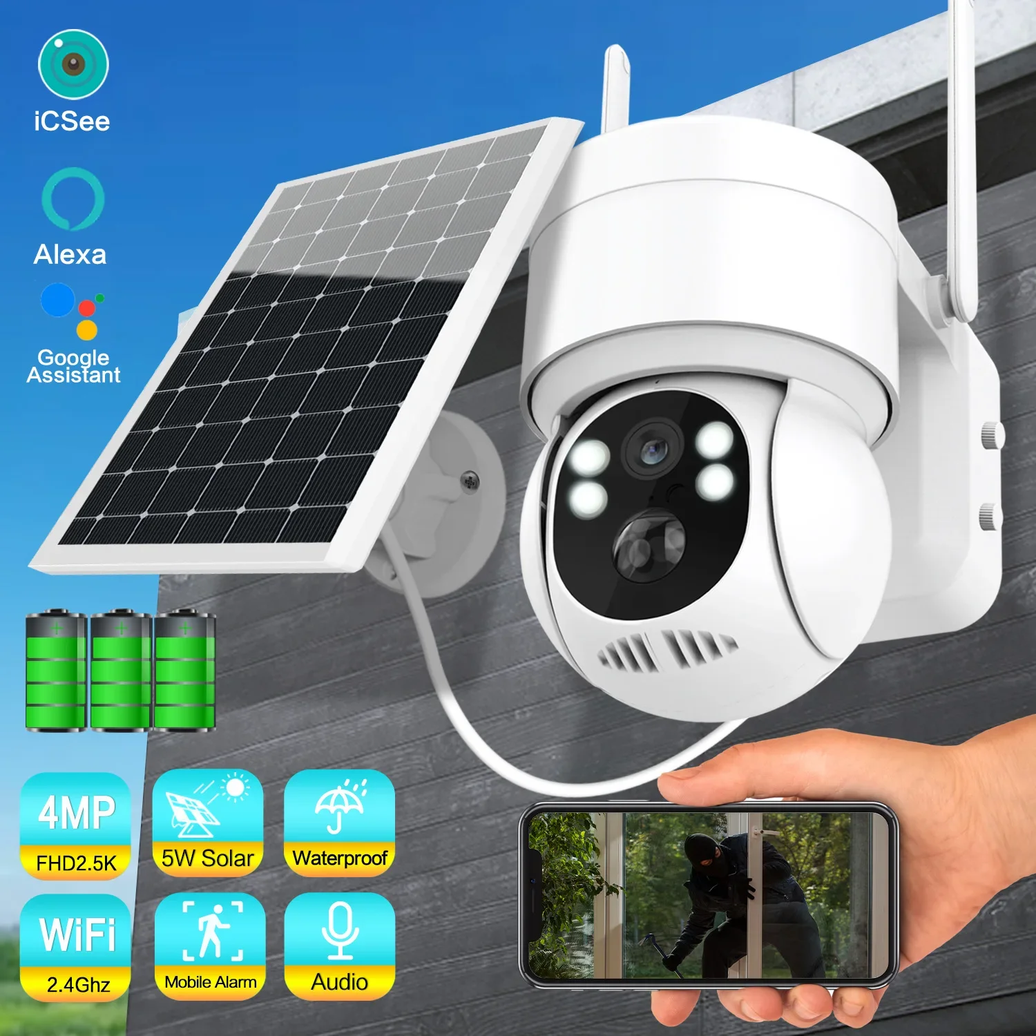 4PM Rotate 360 Degree View HD WiFi  Camera Built-in Battery Video Surveillance Outdoor Wireless Solar IP Camera Support ICSee