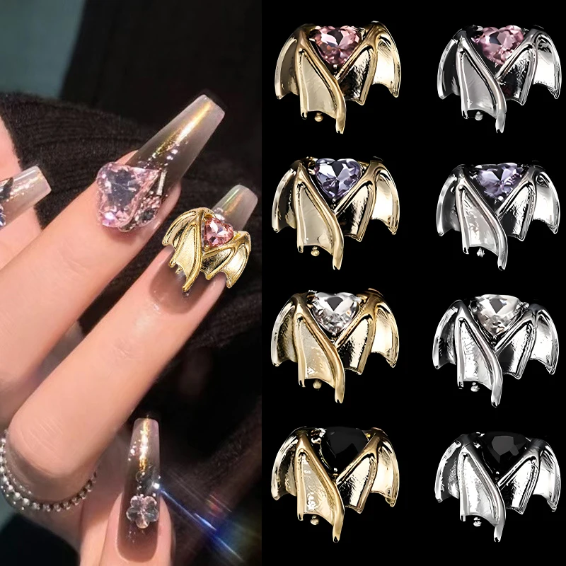

10PC 3D Bat Wing Heart Nail Art Rhinestone Charms Accessories Retro Alloy Parts For Halloween Manicure Nails Decoration Supplies