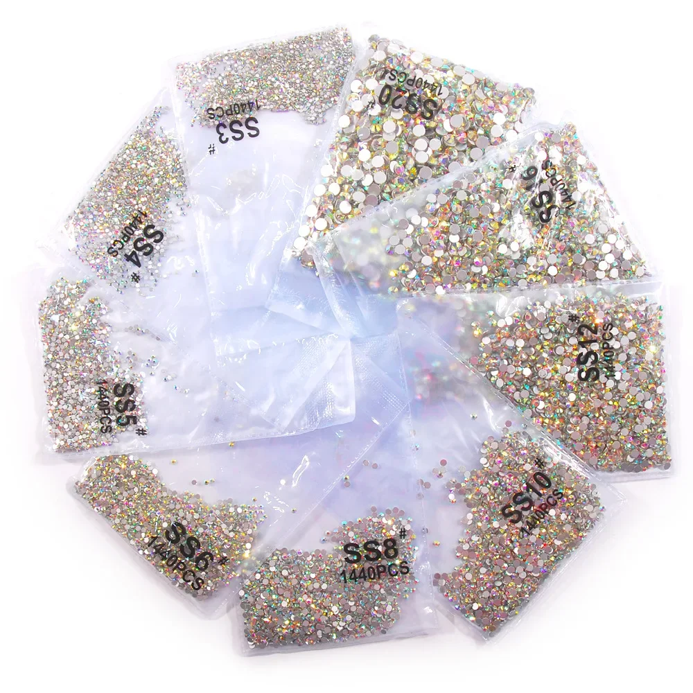 new Crystal Clear Glass Nail Art Decorations ss3 ss4 ss5 ss6 ss8 ss10 1440pcs/bag Glass Non HotFix Nail Art Rhinestones Case DIY